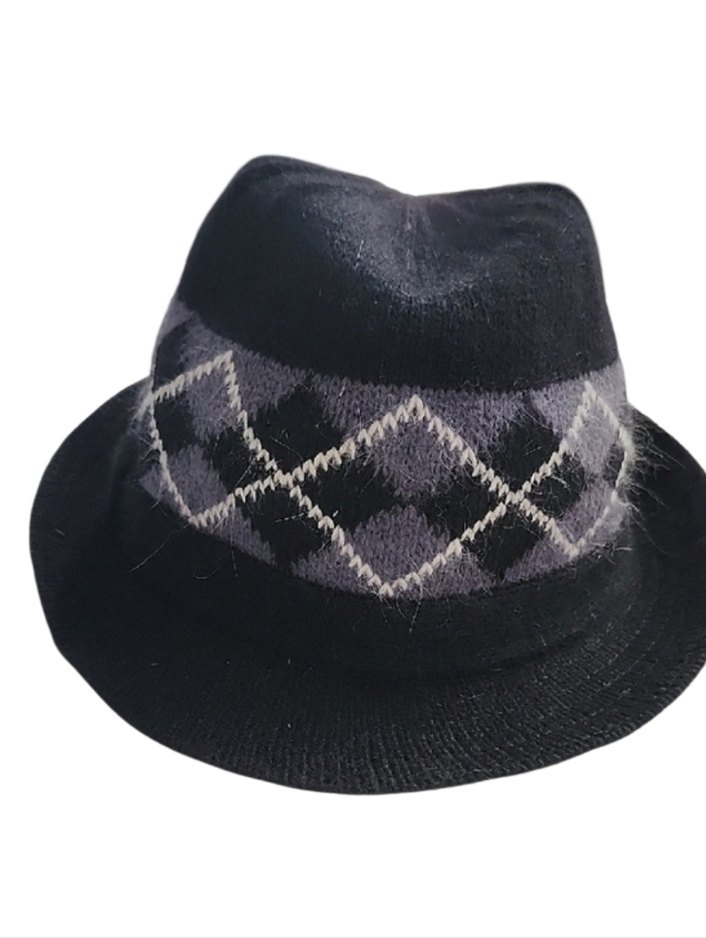 Fedora Cloche Bucket Hat Black And Grey Argyle Knit Wool/ Angora - Unbranded